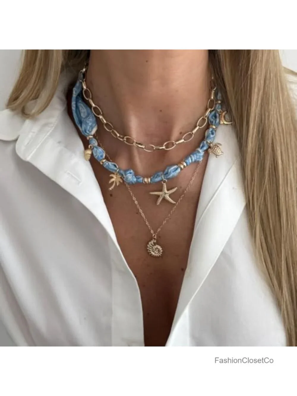 Boho Layered Scarf Necklace with Starfish Charm for Women Summer Beach